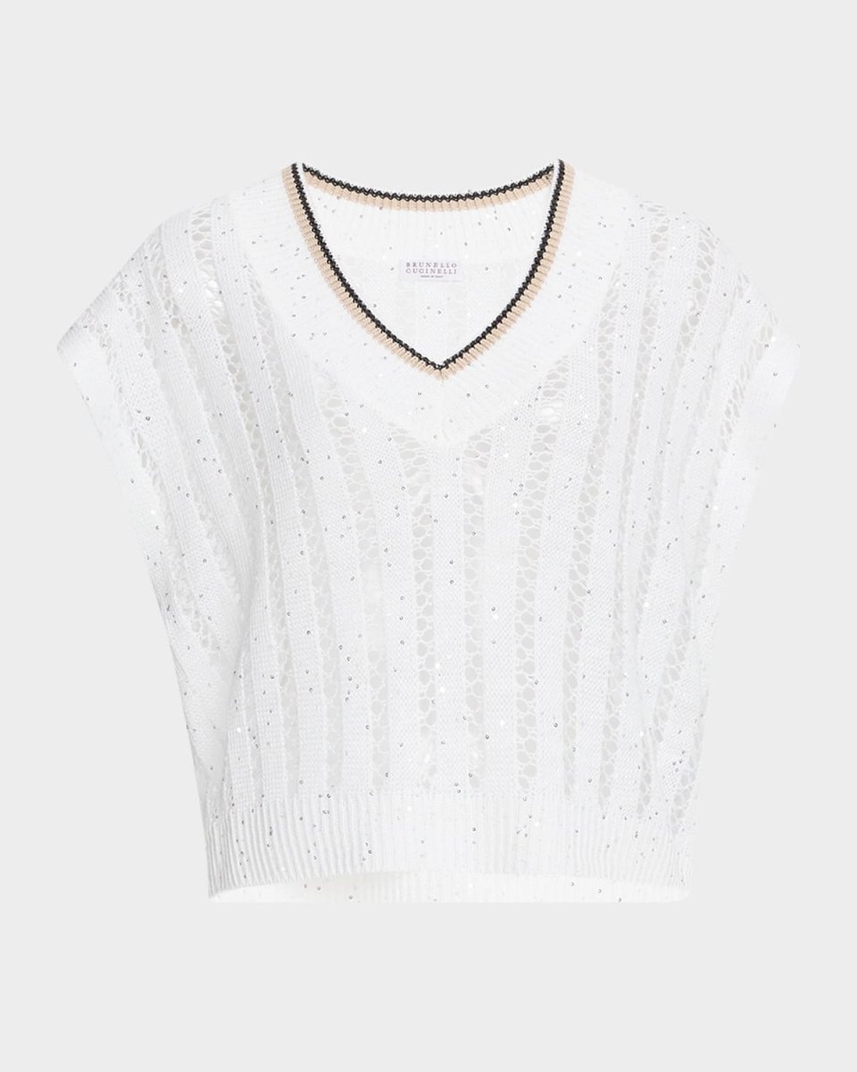 V-Neck Tipped Linen Paillette Lattice Knit Sweat